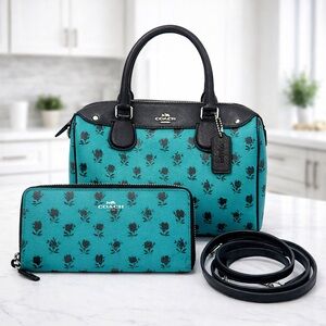 Coach Mini Bennett Satchel Badlands Floral Turquoise & Black & matching wallet